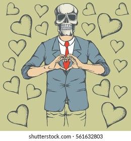 El concepto del vector Skull Valentine day. Ilustración de la cabeza de la escoria en el cuerpo humano. Cráneo que muestra la forma del corazón