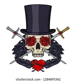 Skull of a vampire in a cylindrical hat, with crossed swords, heart, feathers and roses. Valentine skull. Illustration for Valentine's day