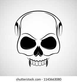 Skull is a vampire with fangs. Logo tattoo isolated on white background. Stock vector illustration.