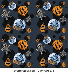 Skull, vampire mummy and pumpkin, halloween pattern - vecto background, pattern