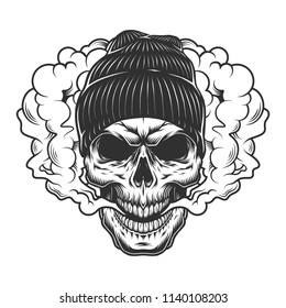 Skull vaper concept in the beanie hat. Vector illustration