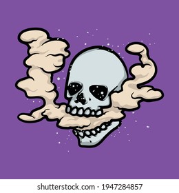 Skull with vapor steam coming out from it`s mouth. Human skull drawing, electric cigarette, vaping activity isolated vector illustration