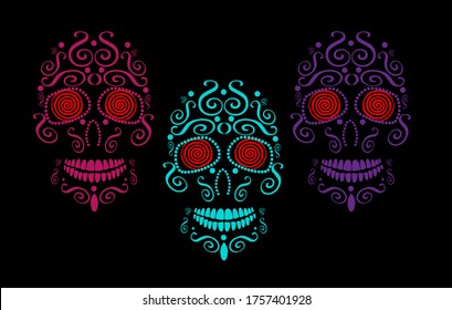 Fondo del vector del cráneo para diseño de moda, patrones, tatuajes, día de los muertos. Ojos hipnóticos de color neón 
