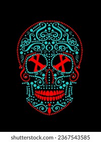 Skull vector background for fashion design, patterns, tattoos. Neon green and red. Halloween and Day of the dead icon background. 