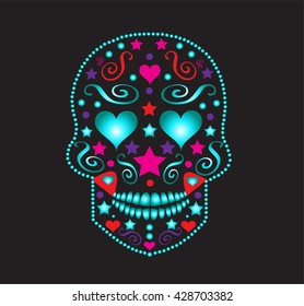 Skull vector background for fashion design, patterns, tattoos with heart icon eyes