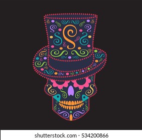 Skull vector background for fashion design, patterns, tattoos with cylinder hat 