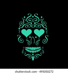 Skull vector background with heart icons instead of eyes 