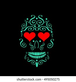 Skull vector background with heart icons instead of eyes 