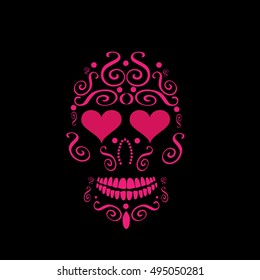 Skull vector background with heart icons instead of eyes 