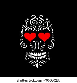 Skull vector background with heart icons instead of eyes 