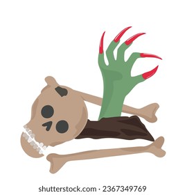 Skull vector. Cartoon zombie hand out of the ground. Hand from ground vector. Halloween concept. Flat vector in cartoon style isolate on white background.