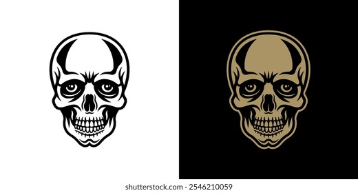 Skull vector character illustration in two styles black on white and colorful on dark background