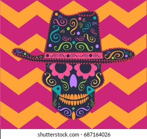 Skull vector with cowboy hat and zigzag background ornament