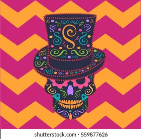 Skull vector with cylinder hat and zig-zag pink background 