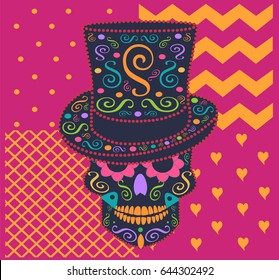 Skull vector with cylinder hat and zig-zag pink background pink