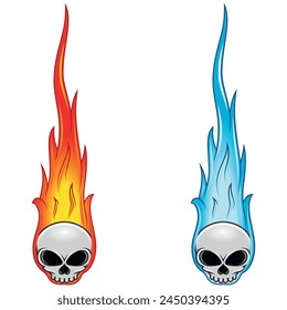 Skull vector design in cartoon style engulfed in fire