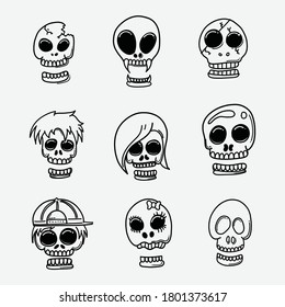 Conjunto de iconos de doodle de vector de cráneo. Línea dibujada a mano en la ilustración del esbozo de dibujo.