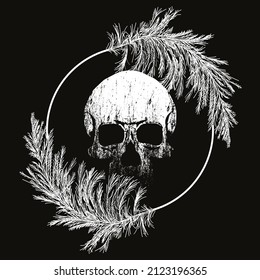 Skull vector drawing with feathers isolated on black for t-shirts or posters	