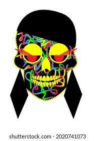 Skull vector fashion girl with black hair and earrings, colorful face and red eyelashes 