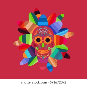 Skull vector with feathers red color, abstract background