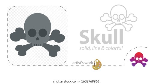 skull vector flat illustration, solid, line icon