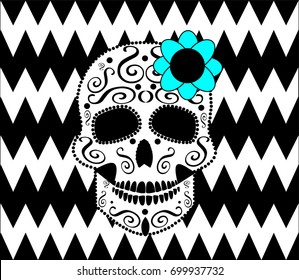 Skull vector with flower and zigzag background, black and white for Day of the dead holiday or Halloween