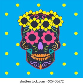 Skull vector with flowers icon pink color ornament