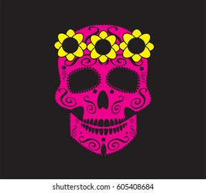 Skull vector with flowers icon pink color ornament
