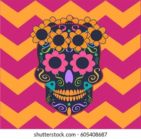 Skull vector with flowers icon pink color ornament