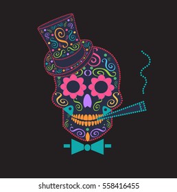 Skull vector gentleman with bow tie ornament neon color 