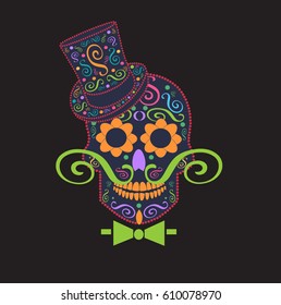 Skull vector gentleman with mustache ornament