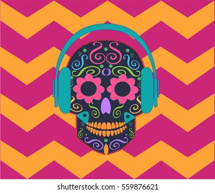 Skull vector with headphone beats and zig-zag pink background 