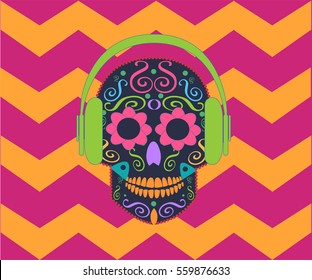 Skull vector with headphone beats and zig-zag pink background 