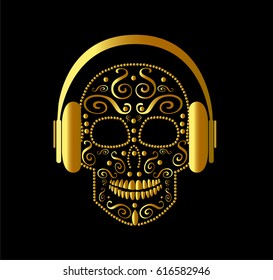 Skull vector with headphones gold color ornament