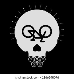 Skull Vector Icon with Beard Made of Bike or Bicycle Chain. Hair Made of Spokes. Monochrome T-Shirt Print.