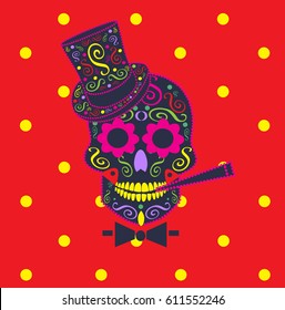 Skull vector icon gentleman with cigarette and cylinder hat