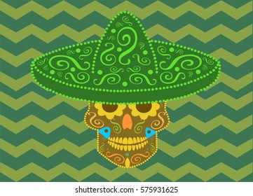 Skull vector icon with Mexican sombrero and zig-zag background 