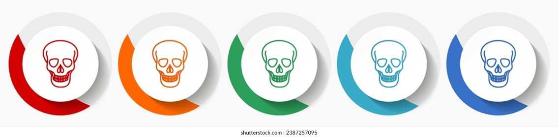 Skull vector icon set, flat design colorful round icons in 5 color options for webdesign and mobile applications