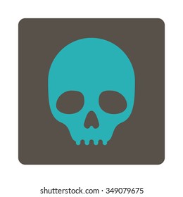 Skull vector icon. Style is flat rounded square button, cyan and grey colors, white background.