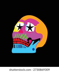Ilustración del Vector del cráneo con los colores, icono aislado en el fondo negro. 
