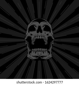 Skull vector illustration. Black and white skull head vector with sunrays. Badass style. eps 10 vector