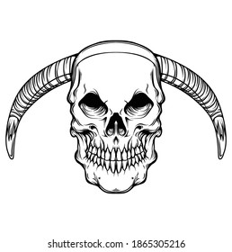 skull vector illustration in black and white, horned skull down