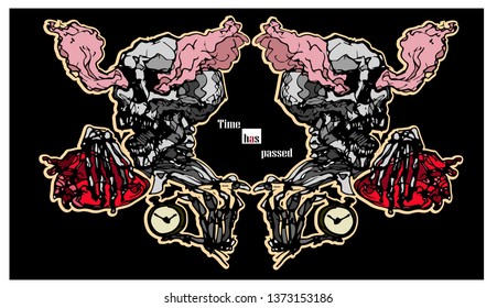 Skull Vector Illustration, Collection Hand Drawn Skulls, Hard Core Skull Vector Art Clock Heart Smoke Time Passed.