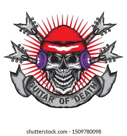 Skull Vector illustration design. concept head phone,guitar and music.hand drawn,street art or tattoo style.graphic for t shirt print, tattoo, poster,logo,slogan 