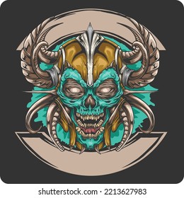 skull vector illustration design wearing a pirate helmet with scary horns