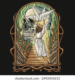 Skull vector Illustration with girls and origami bird, this illustration can be used for t-shirt design, book cover, album cover, sticker, and other merchandise  
