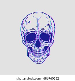 Skull vector illustration. Glitch. Double exposure. Techno print.