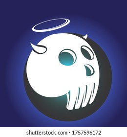 Skull Vector illustration, Hard Core Skull Vector Art, Collection Of Hand Drawn Skull, Angel's halo and devil's horns. Blue background, dark moon