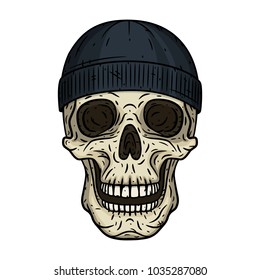 Skull. Vector illustration of human skull with black hat in hand drawn style. Cartoon skull.
