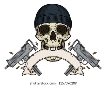 Skull. Vector illustration of human skull with black hat, two uzi  and ribbon for your text. Cartoon skull.